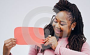 Woman, thinking and studio with speech bubble or comment, idea and promotion for advertising. Opinion, faq and quote for