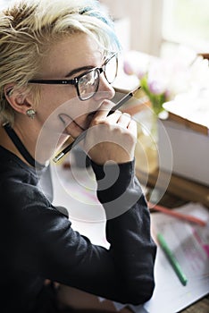 Woman Thinking Thoughful Working at Office