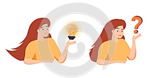 Woman thinking - trying to find a solution with question mark and happy with light bulb creative idea. Concept vector.