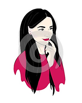 A woman thinks or dreams. Make plans. Fashion illustration of a brunette girl portrait with long hair and beautiful make