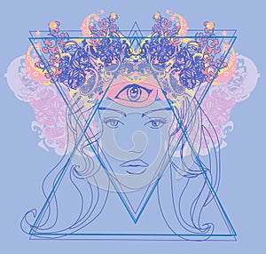 Woman with third eye, psychic supernatural senses photo