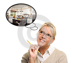 Woman with Thought Bubbles of a New Kitchen Design