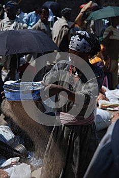 Lalibela, Wollo, Ethiopia, circa February 2007: Woman threshing teff