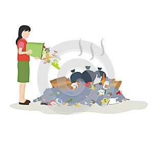 Woman throw trash into pile of garbage