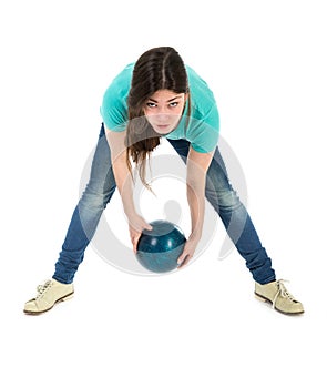 Woman is throwing a bowling ball at a simplistic way