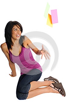 woman throwing index cards