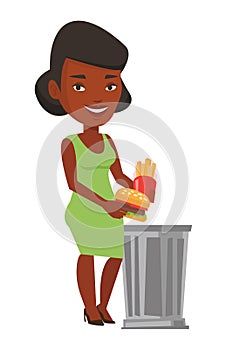 Woman throwing junk food vector illustration.