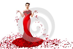 Woman Throwing Petals Roses Flowers in Red Evening Dress, Elegant Fashion Model in Long Gown on white