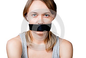 Woman with tied mouth