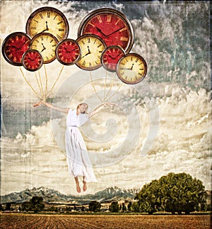 Woman tied to clocks floating away