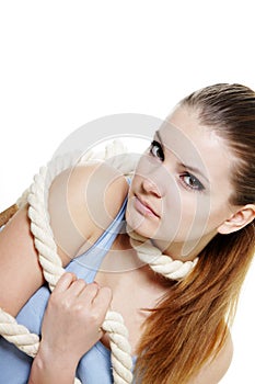 Woman tied up with rope