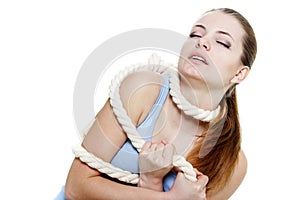 Woman tied up with rope