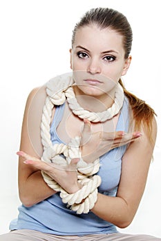 Woman tied up with rope