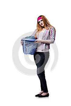 The woman tired after doing laundry isolated on white