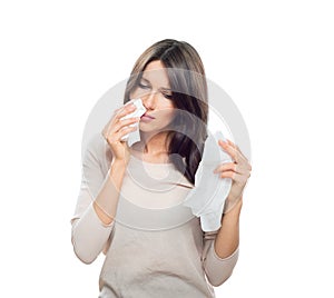 Woman with tissue catched a cold