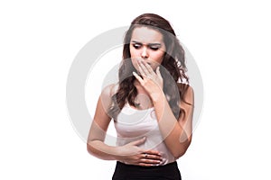 Woman about to chuck, throw up, retch barf, hurl isolated on white background. photo