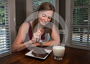 Woman About To Each Chocolate Cake with Milk