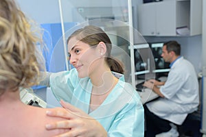 Woman about to undergo mammography test in hospital