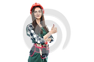 Woman in tool belt and coverall isolated on white