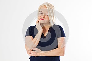 Woman with toothache, Attractive middle aged woman pressing her bruised cheek with a painful expression as if she`s having a