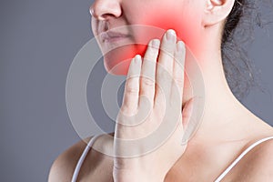 Woman with toothache, teeth pain closeup