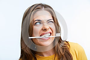 Woman with toothy brush.