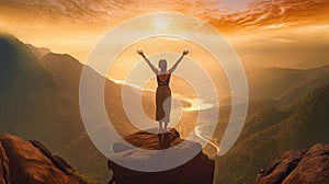 A woman on top of the mountain with arms open to a welcoming new day with sunrise success. Successful women have attained peaks of