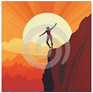 Woman on the top of a mountain peak. Achievement concept illustration