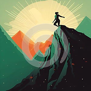 Woman on the top of a mountain peak. Achievement concept illustration