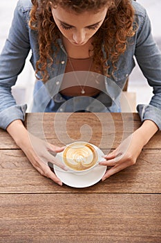 Woman, top view and coffee at a cafe, restaurant and diner with tea cup, latte and espresso for drinking, break and