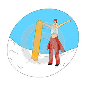 Woman in top, winter trousers and mask standing on snow feeling excited after practicing snowboarding