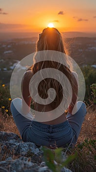 Woman topless sunset sitting rock back view setting sun long hair mountain