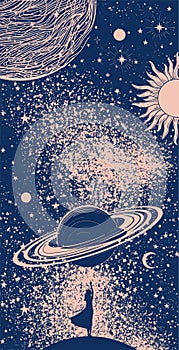 Woman touches a flying planet with her hand, surreal banner with sun, moon and stars, vintage graphic, print for t-shirt