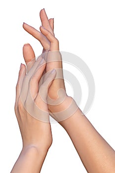 Woman touches to her soft and smooth hand