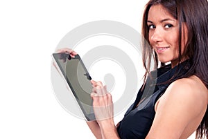 Woman touches typing digital tablet touch pad