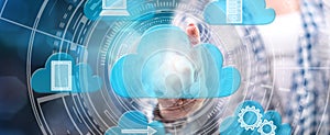 Woman touching a cloud computing concept