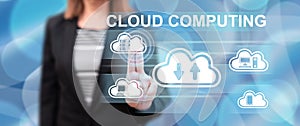 Woman touching a cloud computing concept