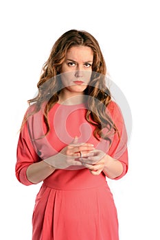 Woman touching her wedding ring , Isolated on white