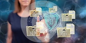Woman touching a personal data security concept