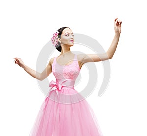 Woman Touching in Pink Dress, Fashion Model High Waist Gown