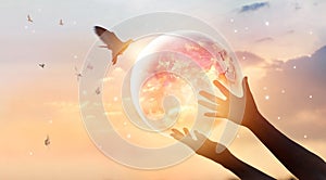 Woman touching planet img