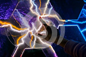 Woman touching plasma panel display