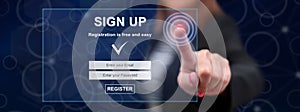 Woman touching a signup concept