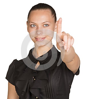 Woman touching virtual button