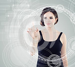 Woman touching virtual display, www or technology concept