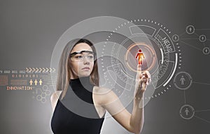 Woman touching the virtual future interface