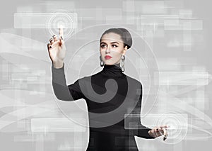 Woman touching virtual screen. Education