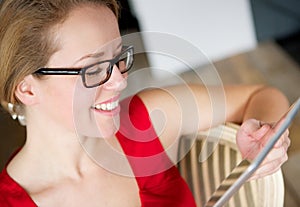 Woman with touchscreen computer tablet