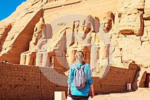 Woman tourist at Abu Simbel, the great temple of Ramses II