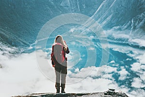 Woman tourist enjoying lake aerial view Travel Lifestyle